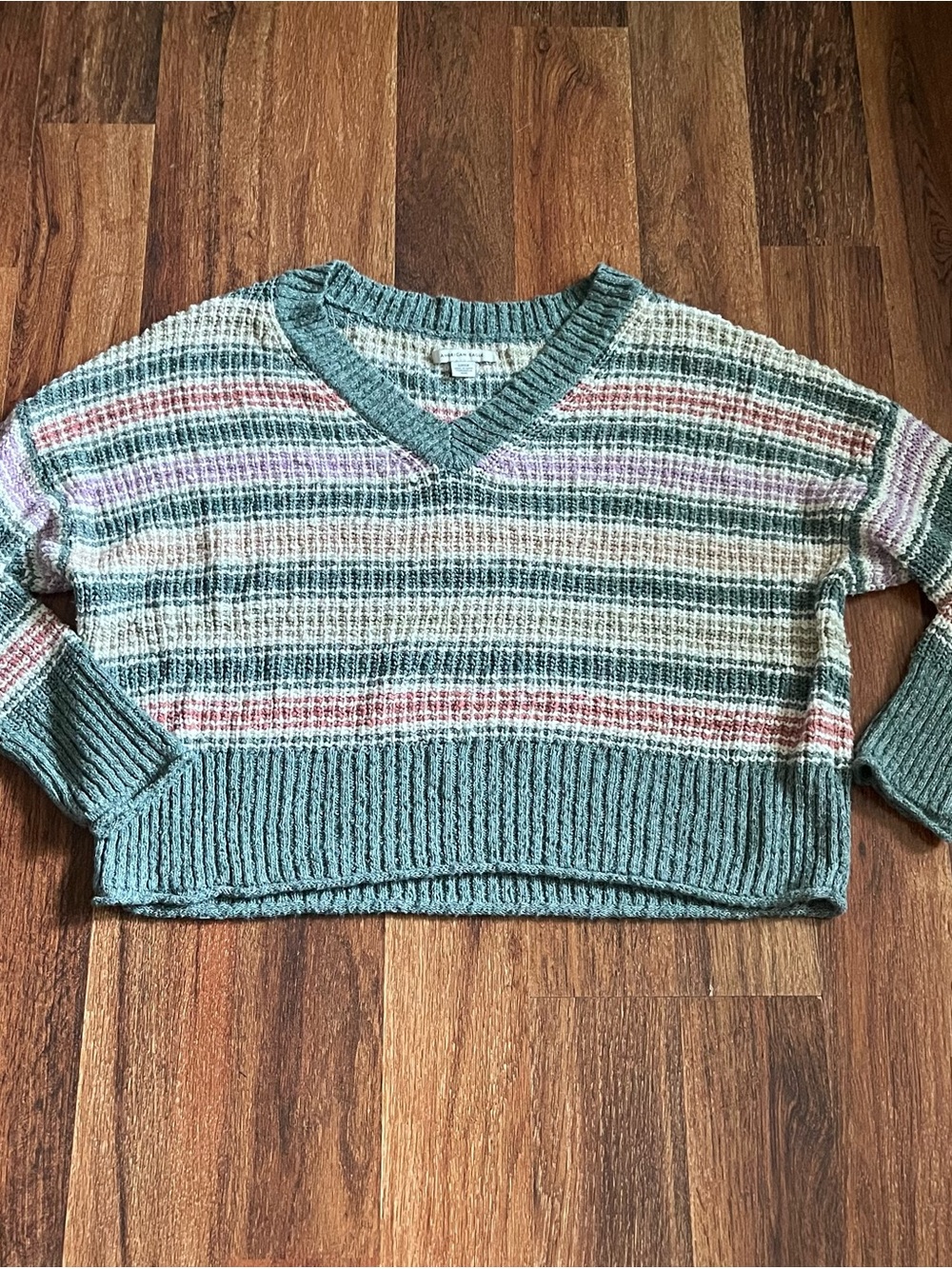 American Eagle Outfitters Striped V-Neck Sweater - Sage Green with Pink & Cream